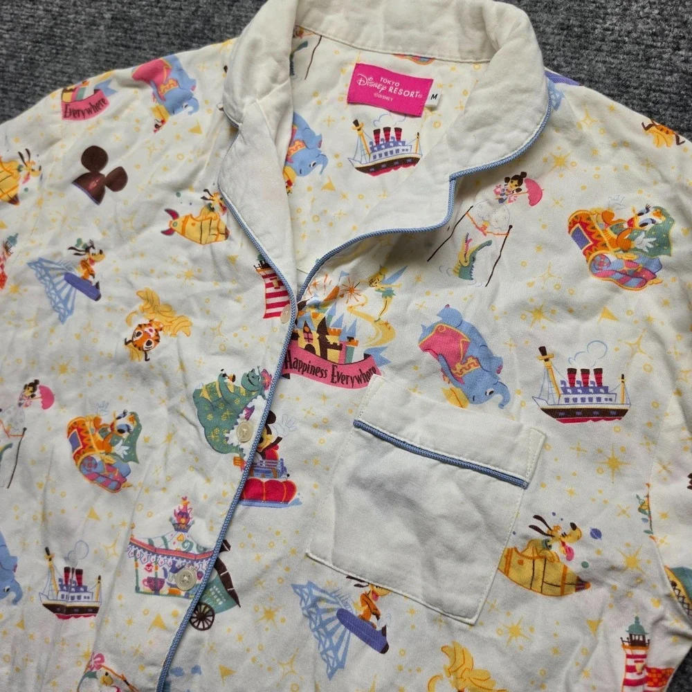 Tokyo Disney Resort Womens M Pajama Top Long Sleeve Button Shirt Attractions AOP